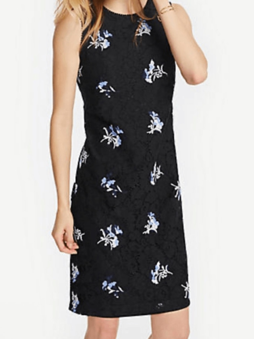 Ann Taylor Blue and Black Floral Lace Sleeveless sheath Dress Size 0